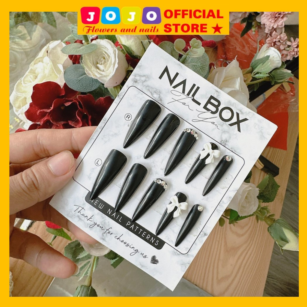 Bộ 24 móng tay giả màu hồng ngắn vuông đính nơ ng.ọc trai nhân tạ JOJO Z287 móng giả nailbox rẻ cá tính thời trang