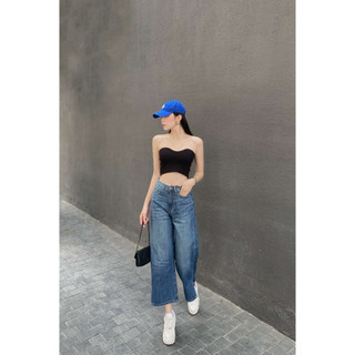 [Mã BMLT35] Quần baggy jeans nữ ống suông rộng xẻ lai vải denim cao cấp màu xanh đậm 8090 – Cotonfio