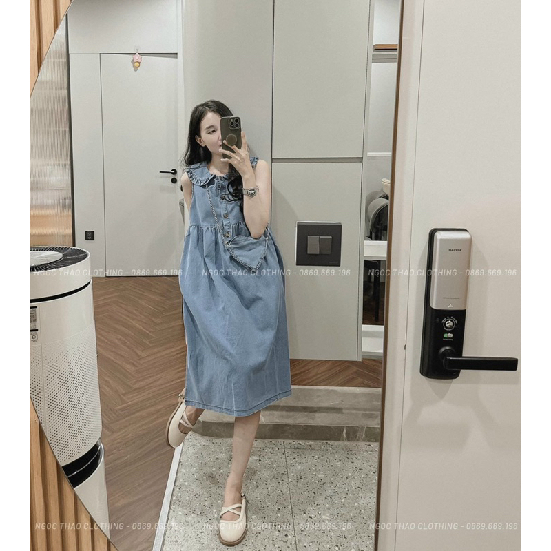 Đầm baby doll  cổ bèo kèm túi