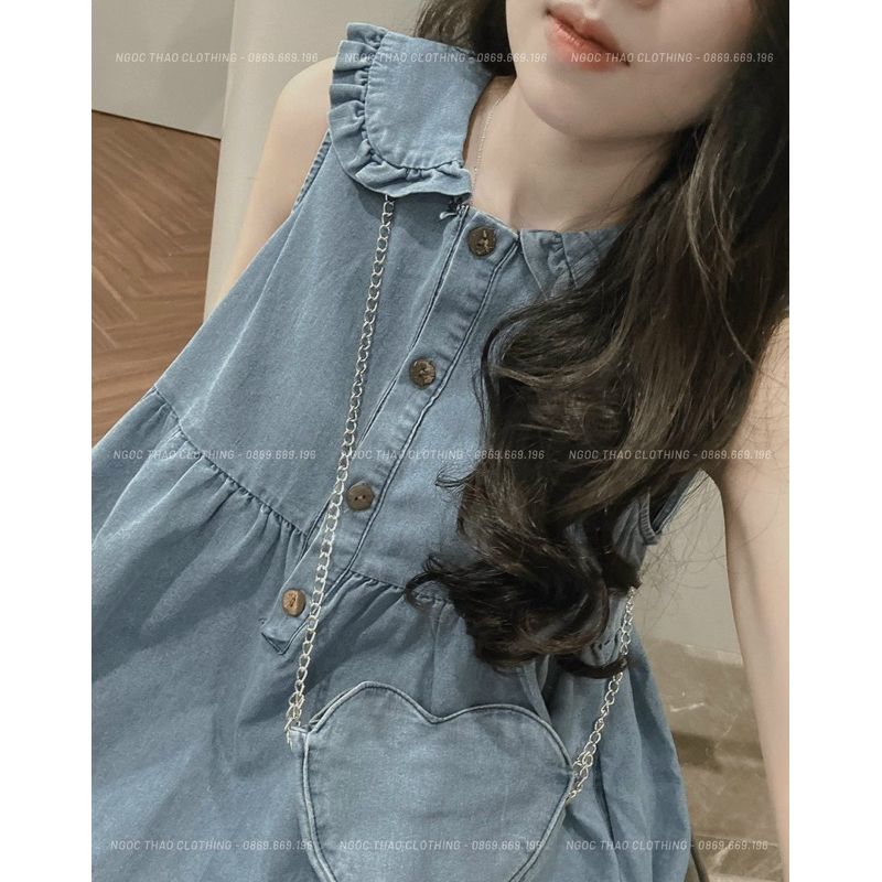 Đầm baby doll  cổ bèo kèm túi