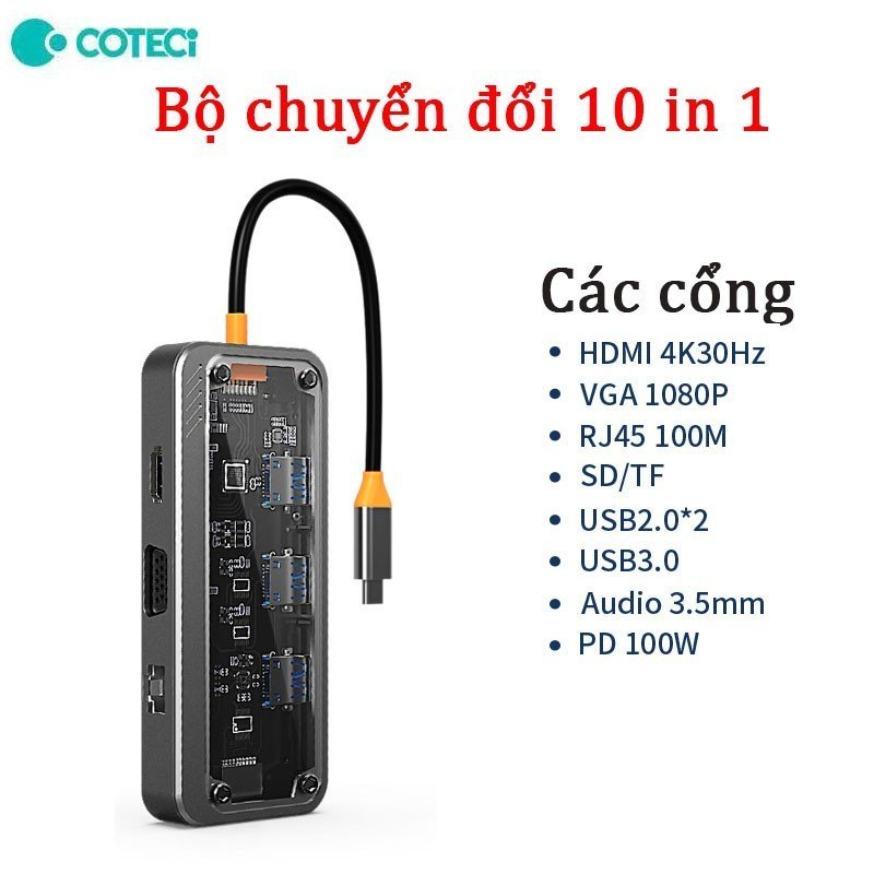 Bộ chuyển Hub USB-C Coteci 16013 10-in-1 Trong Suốt⚡️Type-C ra HDMI VGA LAN USB 3.0 Thẻ Nhớ SD/TF và Audio 3.5mm