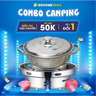 Combo camping Bếp cồn nồi lẩu inox BEHOME MALL bếp lẩu cồn hoa văn bếp lẩu nướng mini du lịch hình hoa 6 cánh tinh tế