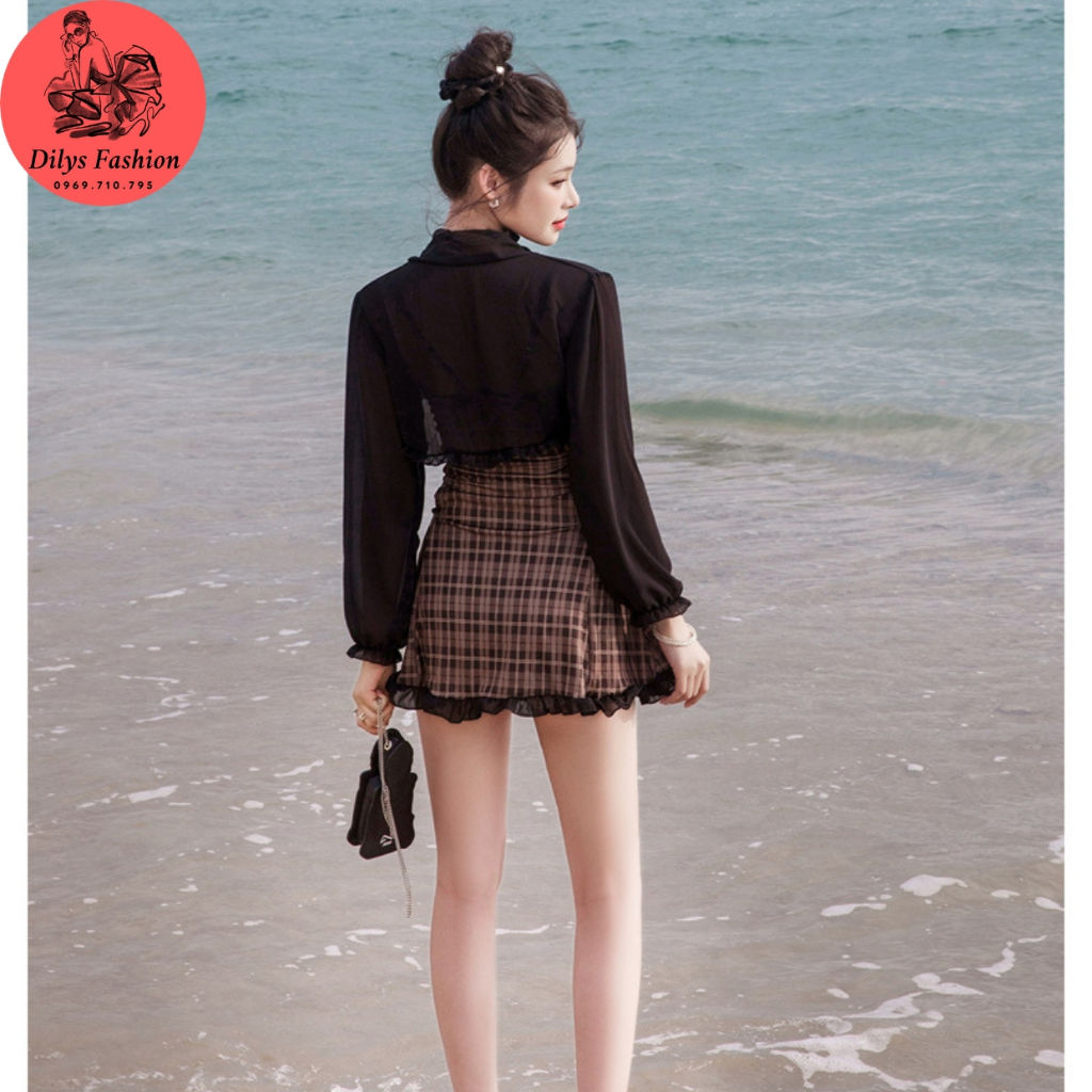 Bikini liền thân đi biển kèm áo choàng DILYSFASHION BK86796, Đồ bơi nữ 1 mảnh 2 dây kẻ karo chân váy phong cách hàn quốc