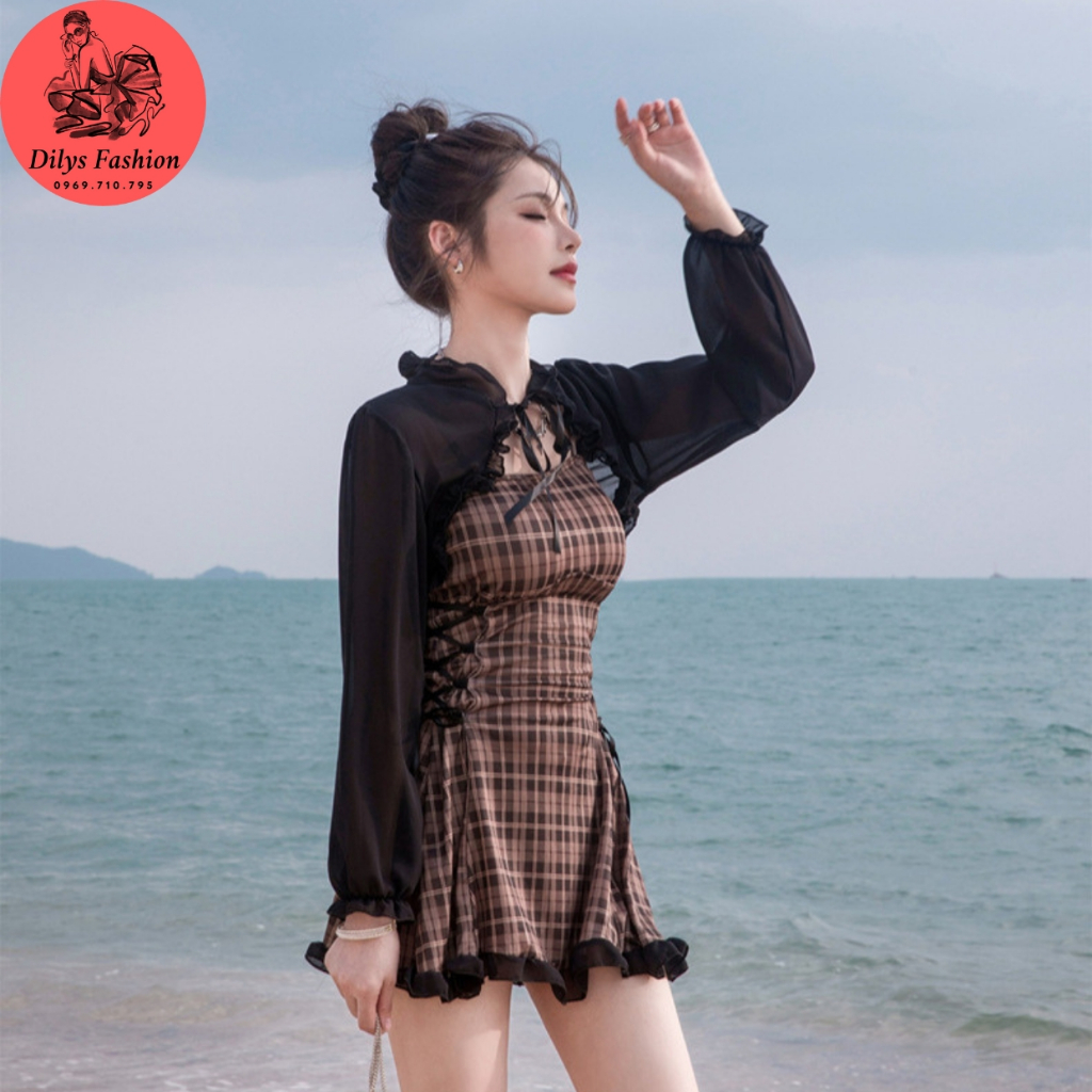 Bikini liền thân đi biển kèm áo choàng DILYSFASHION BK86796, Đồ bơi nữ 1 mảnh 2 dây kẻ karo chân váy phong cách hàn quốc