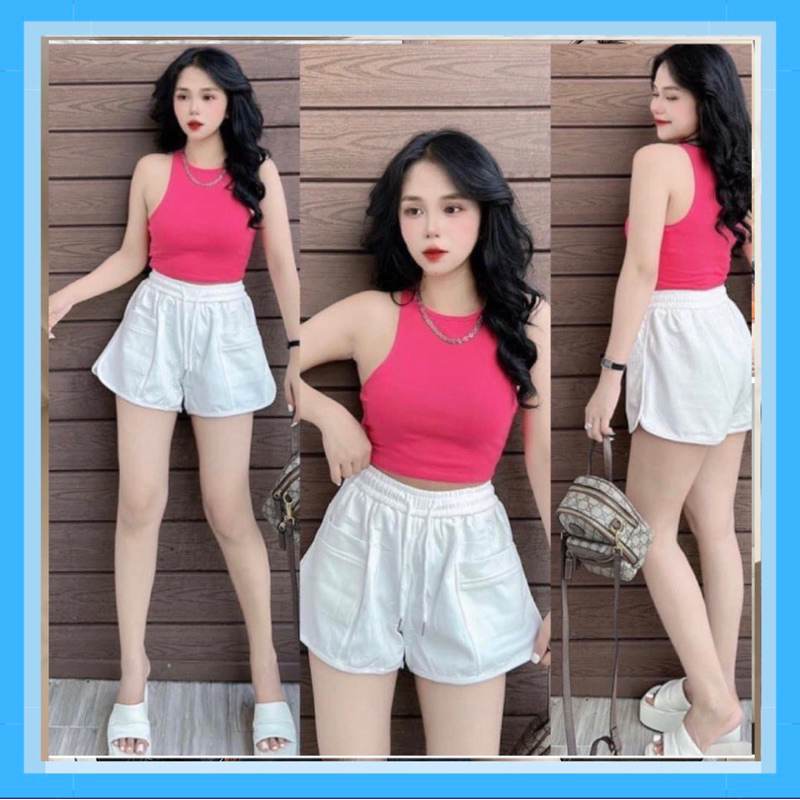 Set Bộ Đồ Nữ Áo 3 Lỗ Thun Gân Co Dãn Kèm Quần Short Đùi Da Cá Có Túi Hộp To
