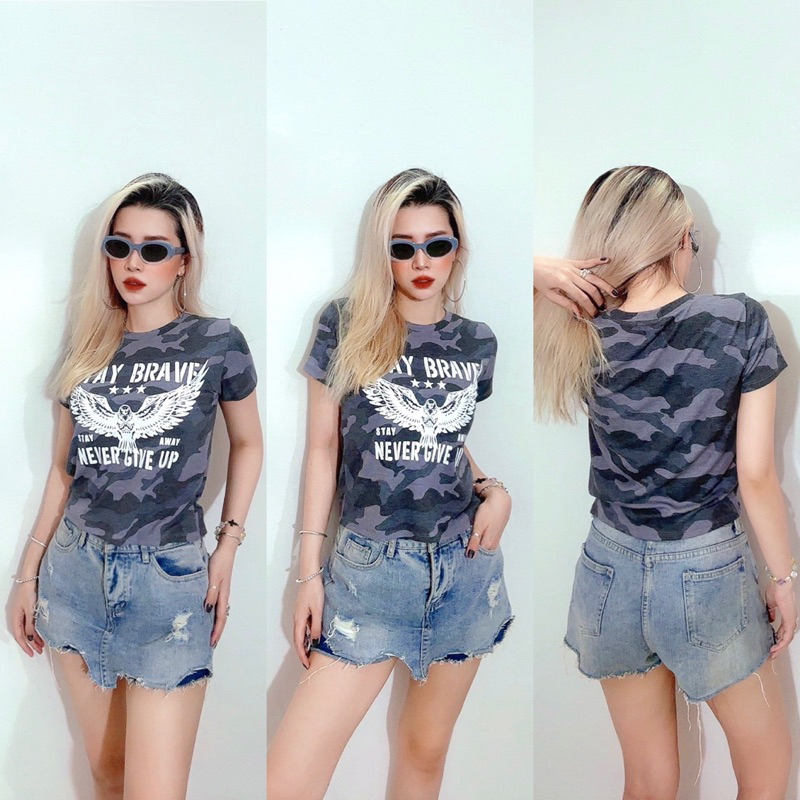 Áo croptop cổ tròn thun bo rip lính in Con đại bàng Stay Brave