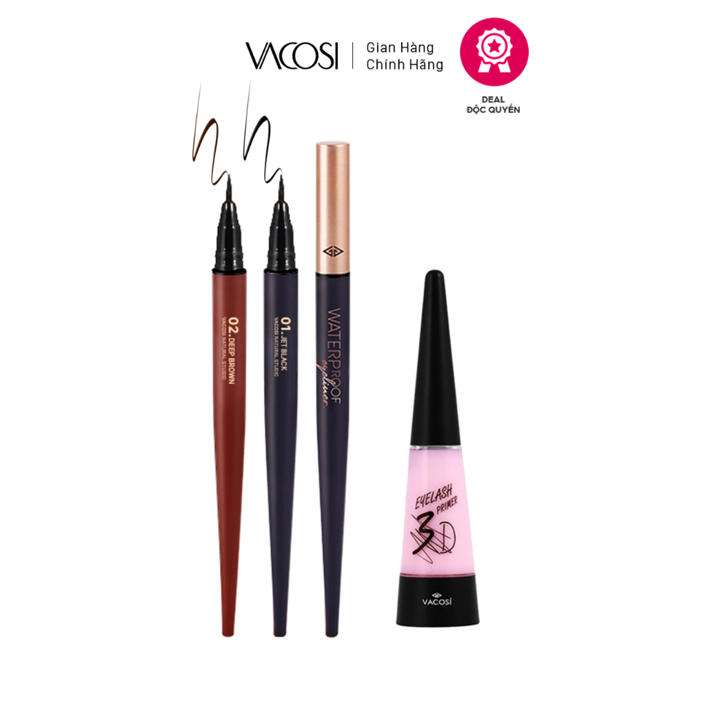 COMBO for EYE: Kẻ Mắt Nước Siêu Lì và Keo Dán Mi Trong Suốt VACOSI - Waterproof Eyeliner Đầu Dạ Mảnh, 2 màu Đen / Nâu