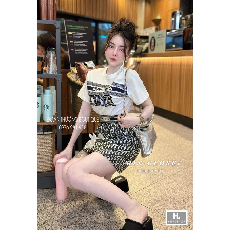 Sét áo phông cotton D.I.O Đính Đá mix chân váy vải GẤM chữ A - hàng may xưởng đẹp