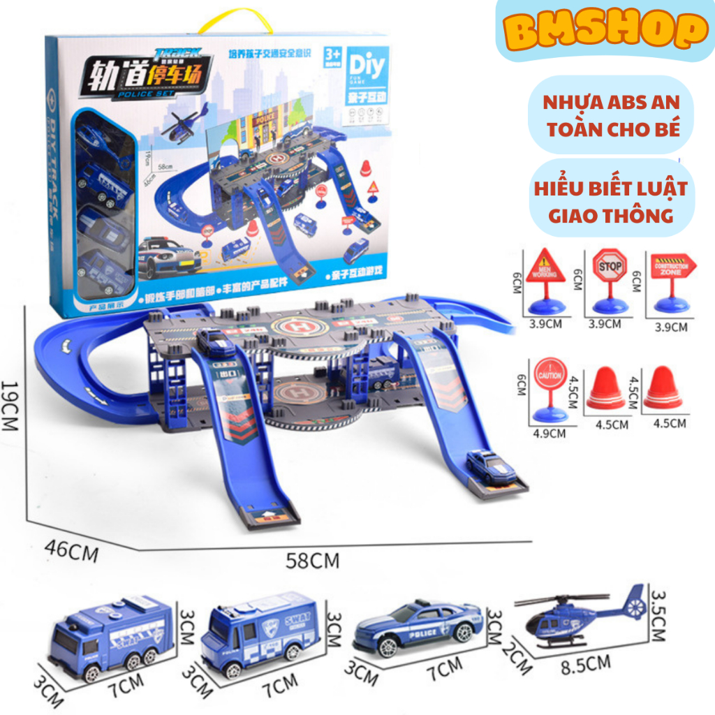 Bãi đậu xe mô hình kết hợp hạ cánh máy bay trực thăng hai tầng nhựa ABS an toàn cho bé