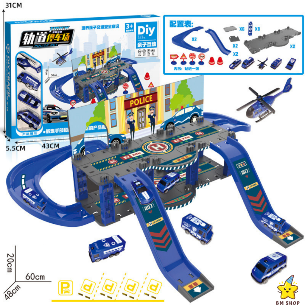 Bãi đậu xe mô hình kết hợp hạ cánh máy bay trực thăng hai tầng nhựa ABS an toàn cho bé