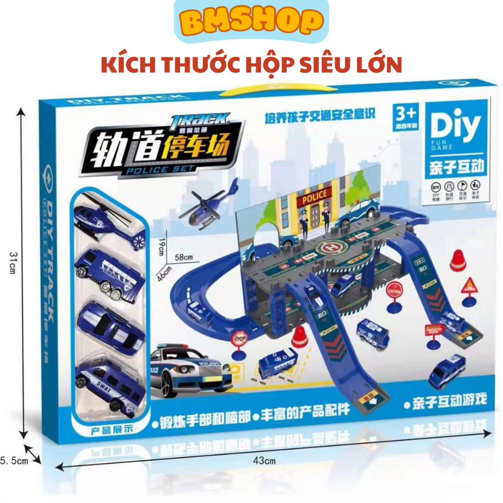 Bãi đậu xe mô hình kết hợp hạ cánh máy bay trực thăng hai tầng nhựa ABS an toàn cho bé