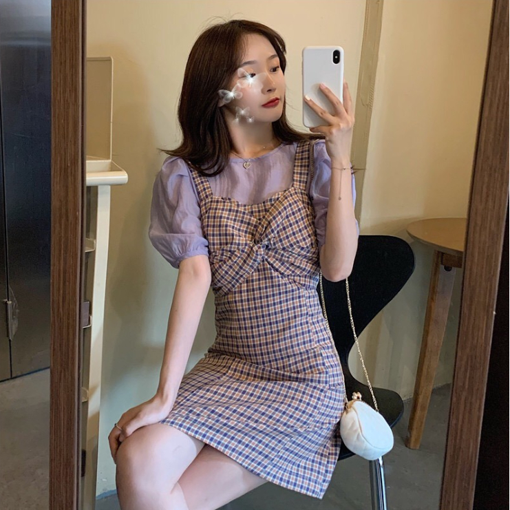 Váy đầm nữ kẻ đan ngực hai dây phối áo yếm xinh cute đáng yêu phong cách ulzzang hàn quốc hottrend