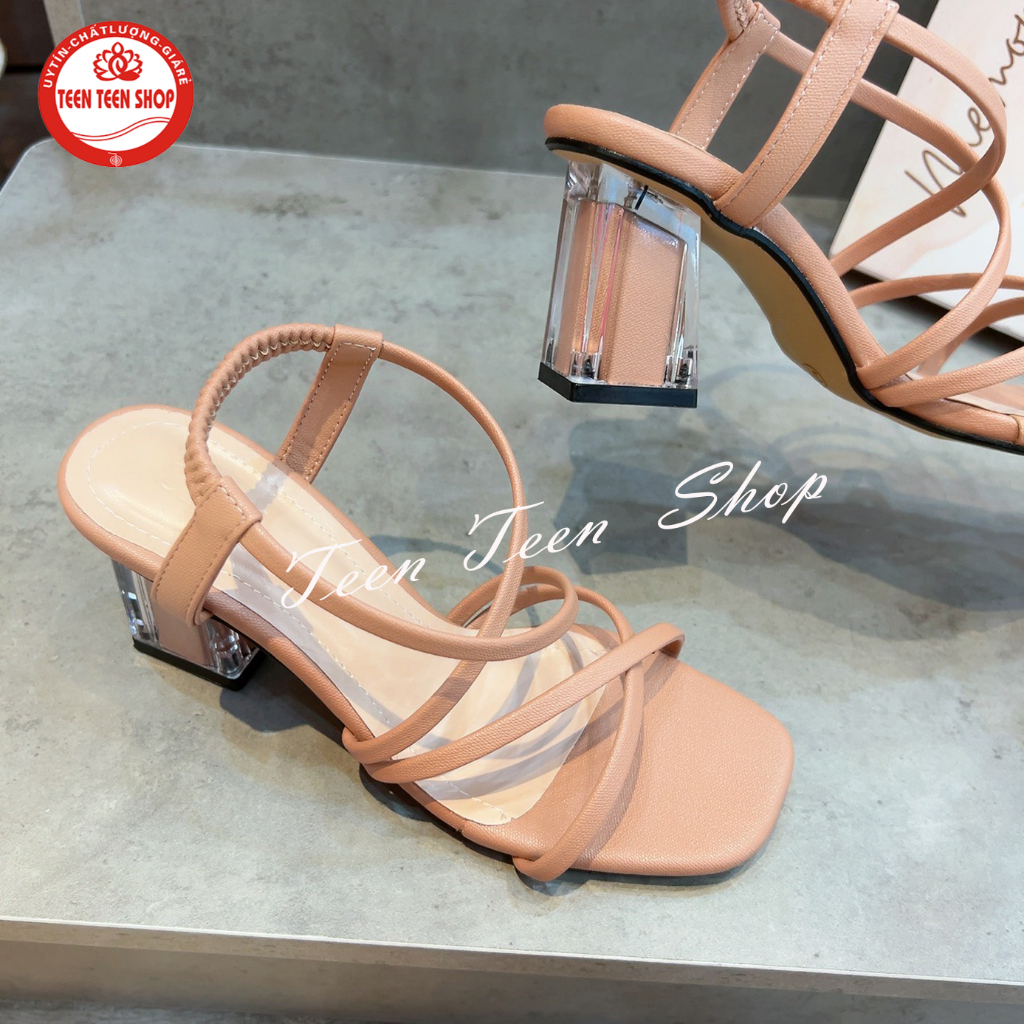 Sandal dây nữ TTS học sinh gót vuông bọc mêca trong suốt cao 5cm , quai hậu chần chun dễ đeo.