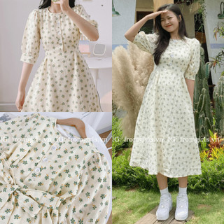 Váy hoa nhí vintage, đầm hoa nhí dáng dài tay phồng có dây buộc eo brown.clothes (video ảnh thật) - V55