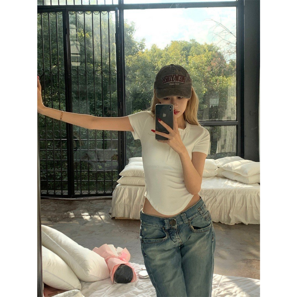 Áo thun kiểu tay ngắn cổ tròn cúc cài vạt bầu cá tính năng động 747 FIORI STORE