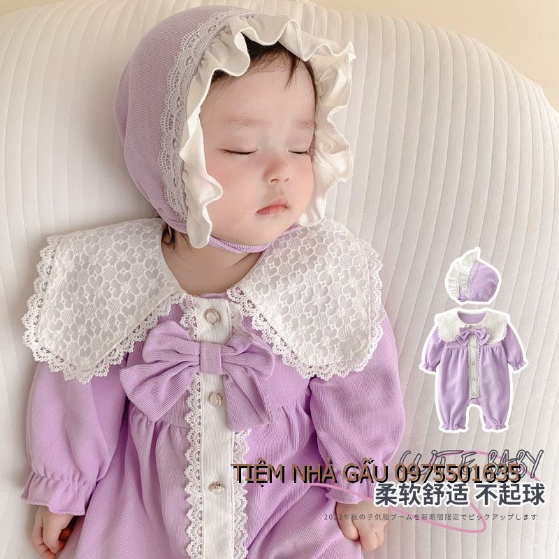 Body đỏ cổ ren nơ dài chân tay vlinder kèm mũ cho bé gái xinh xắn