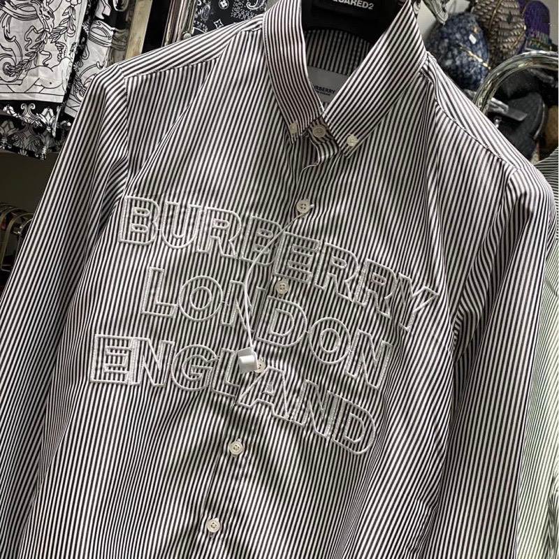 Áo Sơ Mi BURBERRY LONDON Kẻ Xám Dài Tay Thêu Chữ Vải Cotton Lụa Cao Cấp | BigBuy360 - bigbuy360.vn