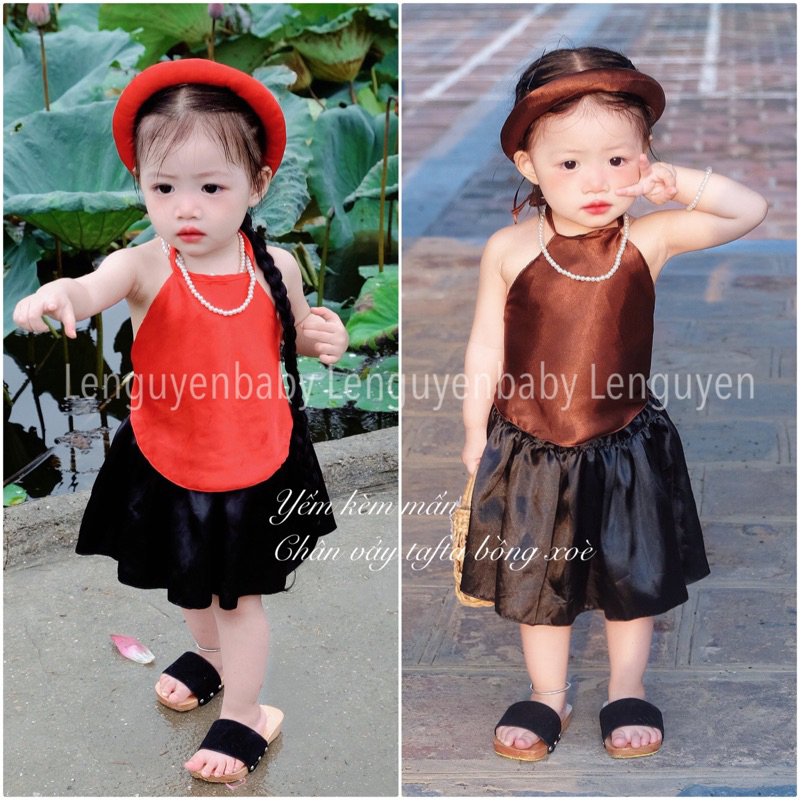 Yếm Đào Lụa + Chân váy bồng Tafta + tặng kèm Mấn cho bé gái