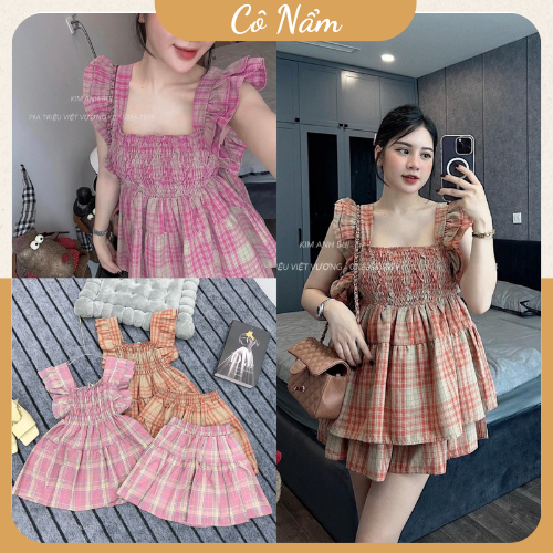 Set Bộ Đùi Nữ Áo Baby Doll Cánh Tiên Tiểu Thư Chun Ngực Mix Chân Váy Caro Dáng Ngắn