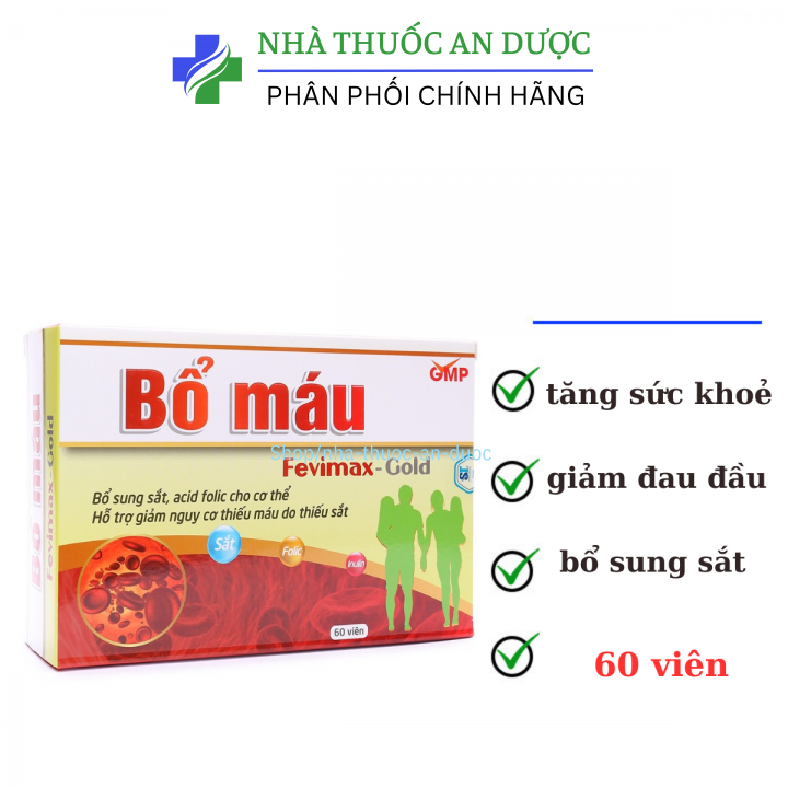 Viên uống Bổ máu Fevimax Gold bổ sung Sắt, Acid Folic cho người thiếu máu, phụ nữ mang thai và cho con bú hộp 60 viên
