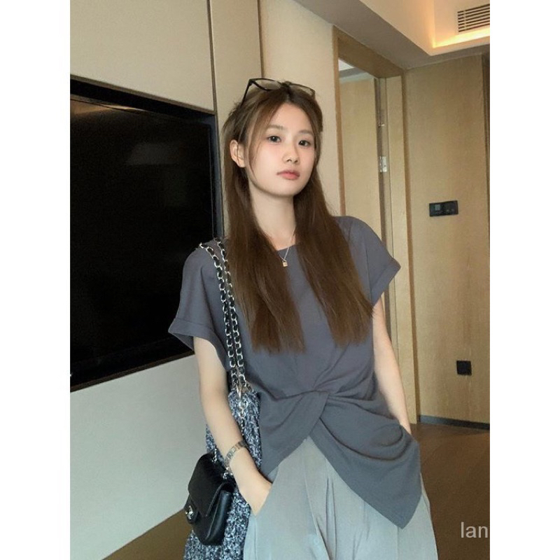 Áo thun tay ngắn xẻ tà kiểu cách desire tinh khiết mùa hè dáng ôm xếp ly bất đối xứng