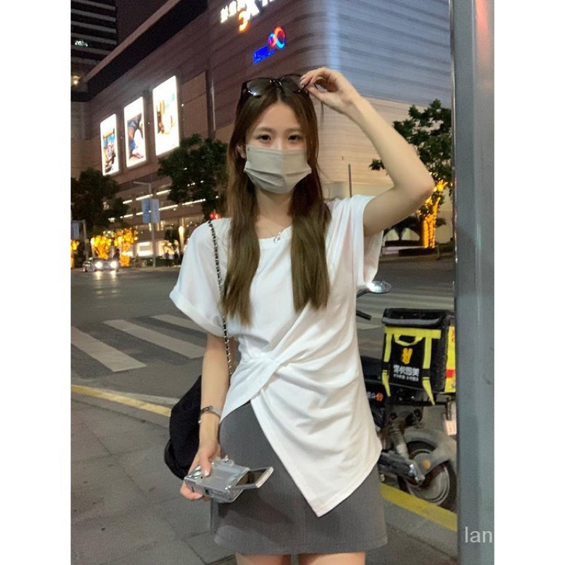 Áo thun tay ngắn xẻ tà kiểu cách desire tinh khiết mùa hè dáng ôm xếp ly bất đối xứng