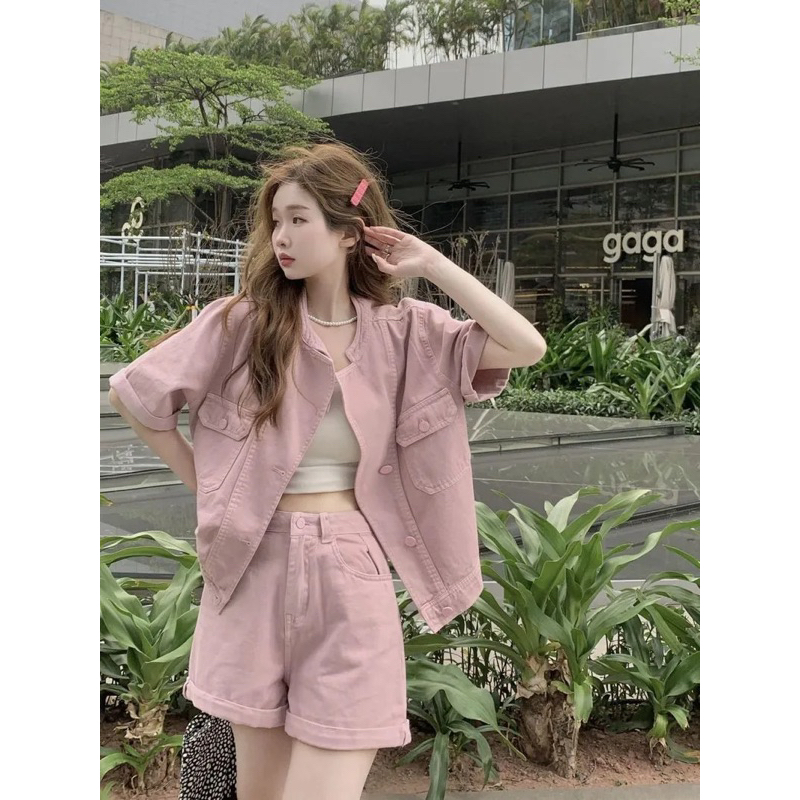 SET cộc tay + quần sooc phong cách năng động màu Hồng