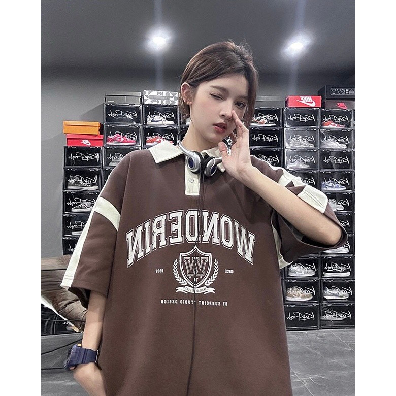 Aó polo Unisex WONDERIN trẻ trung phong cách ullzang, Aó polo nam nữ vải cotton dệt cao cấp mặc thoáng mát.