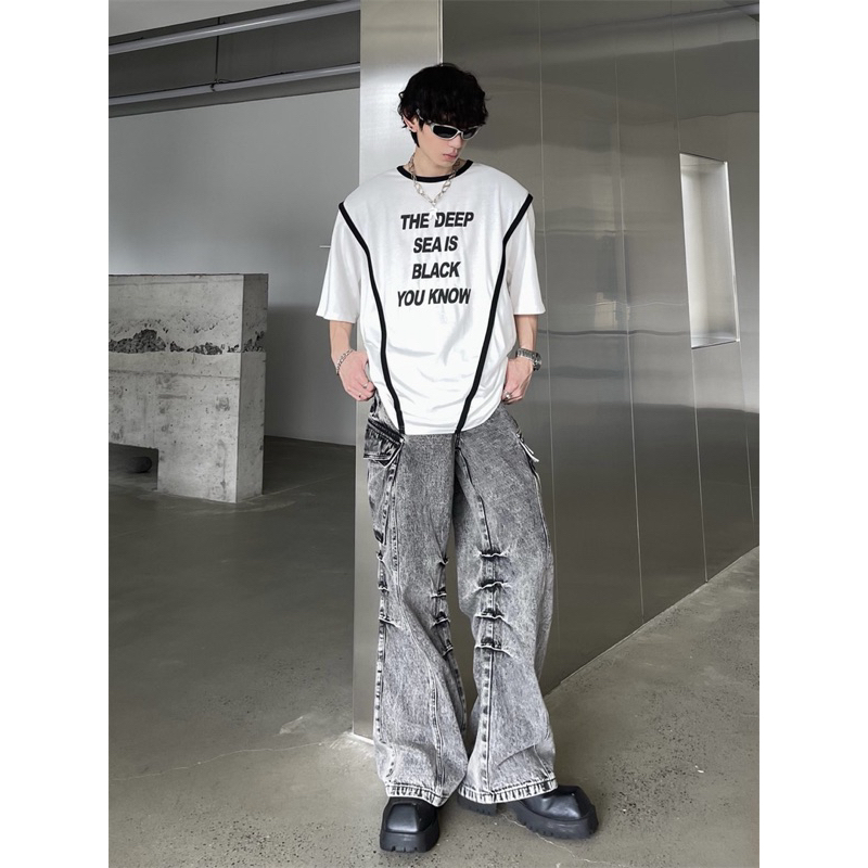 Áo thun tay lỡ unisex,phối sọc in chữ Deep 2 màu