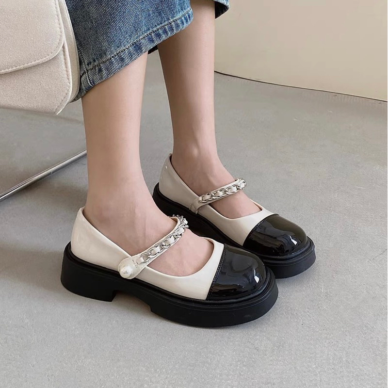 Giày búp bê da mềm phối xích ngọc đế dày tăng chiều cao hàng tabao,giày sandanl quai hậu sang trọng sẵn hàng