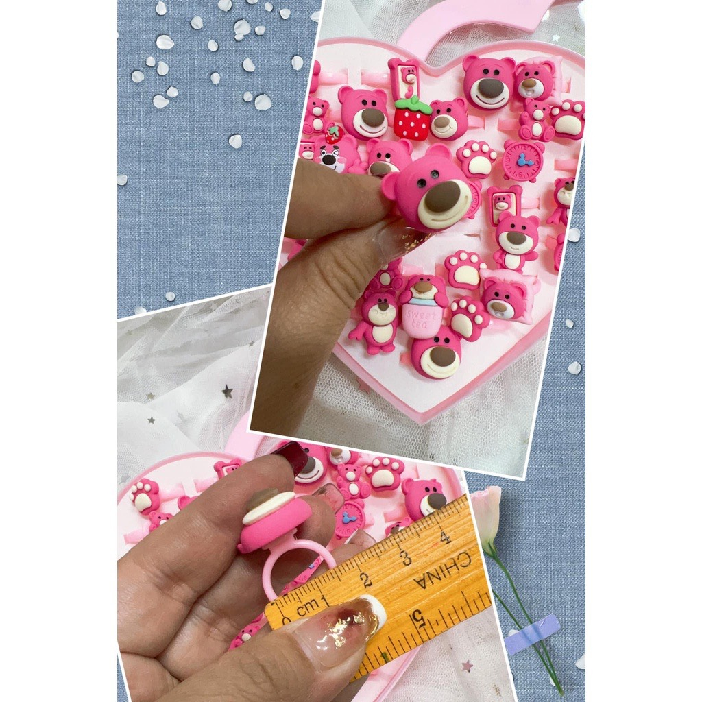 Nhẫn nhựa đính icon gấu dâu hồng,nhẫn họa tiết đáng yêu