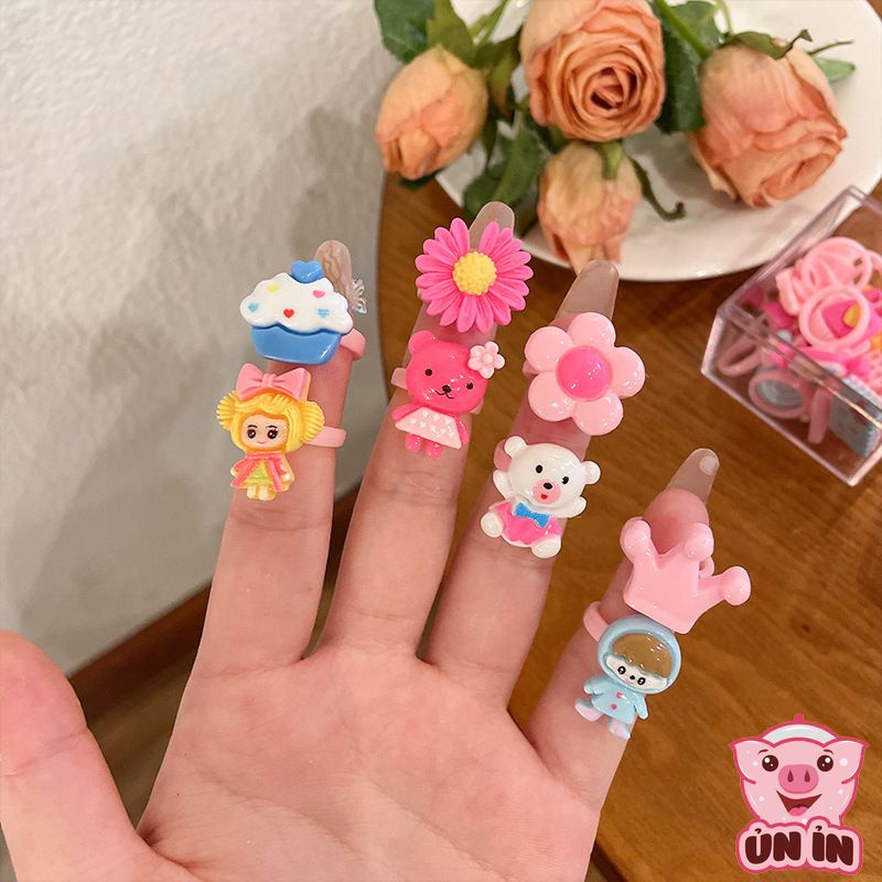 Nhẫn nhựa đính icon gấu dâu hồng,nhẫn họa tiết đáng yêu