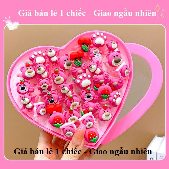 Nhẫn nhựa đính icon gấu dâu hồng,nhẫn họa tiết đáng yêu
