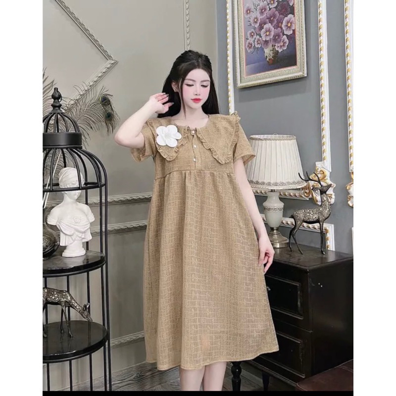 Váy bầu cổ bèo bông hoa tiêu thư vải ren V31