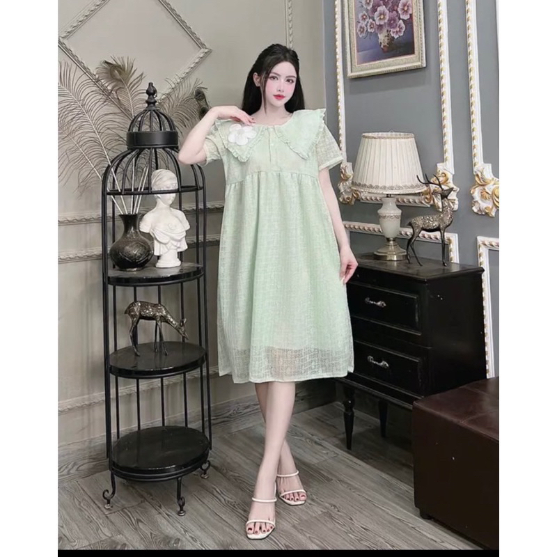 Váy bầu cổ bèo bông hoa tiêu thư vải ren V31