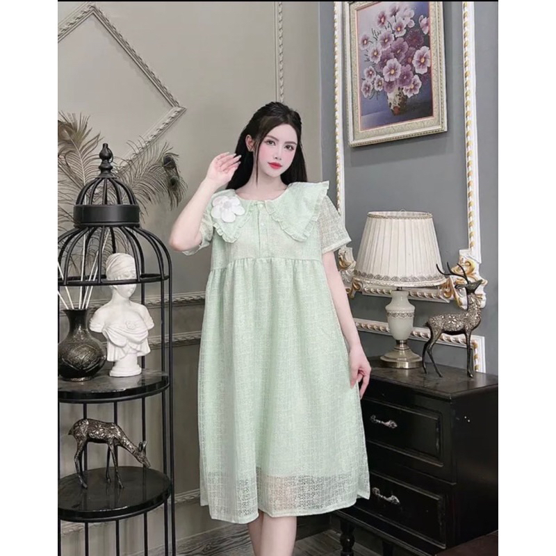 Váy bầu cổ bèo bông hoa tiêu thư vải ren V31