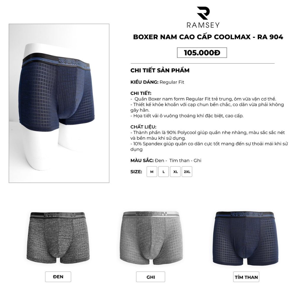 Quần Boxer Nam Thun Lạnh Coolmax Thoáng Mát Hút Mồ Hôi Kháng Khuẩn RA 904