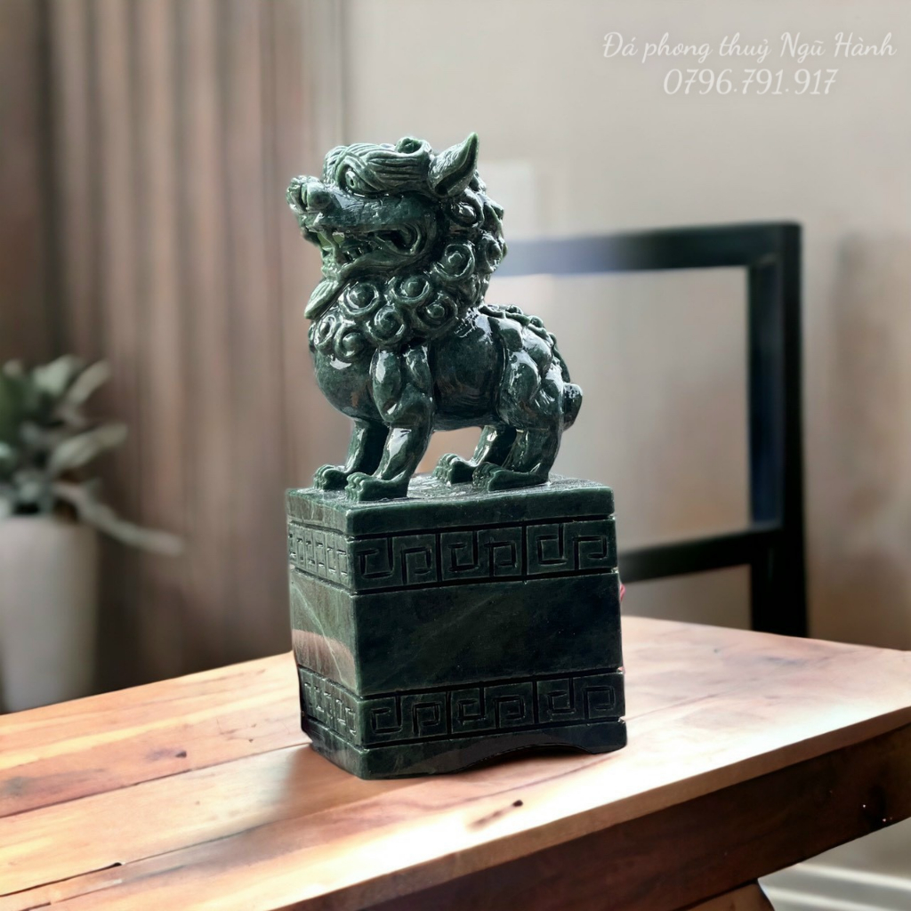 Ấn lân phong thủy đá ngọc serpentine tự nhiên - cao 12cm