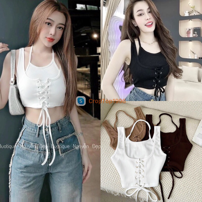 Áo ba lỗ kiểu Croptop dây đan phối yếm cổ A126