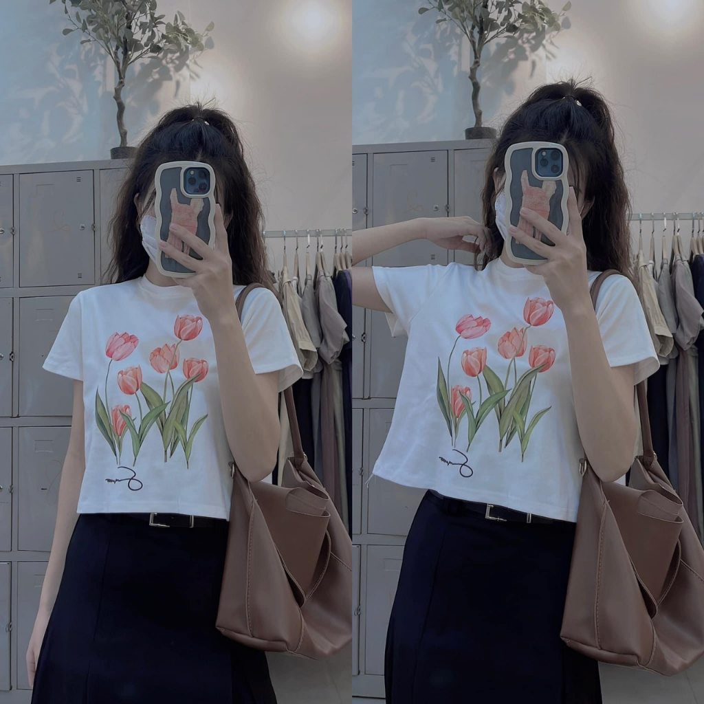 Áo phông babytee áo thun nữ croptop in hình hoa tulip dễ thương cá tính phong cách Hàn quốc siêu hách dáng