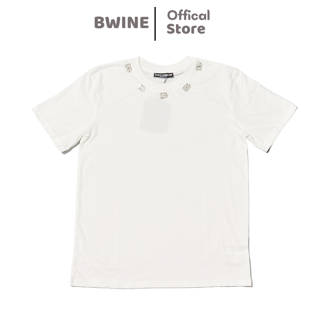 Áo thun DG đính logo viền cổ nam nữ cao cấp Áo phông nam nữ Premium cotton đính kim loại viền cổ