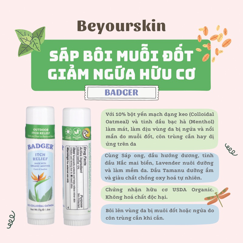 Sáp bôi ngứa muỗi đốt côn trùng cắn hữu cơ Badger Itch Relief After Bug Balm
