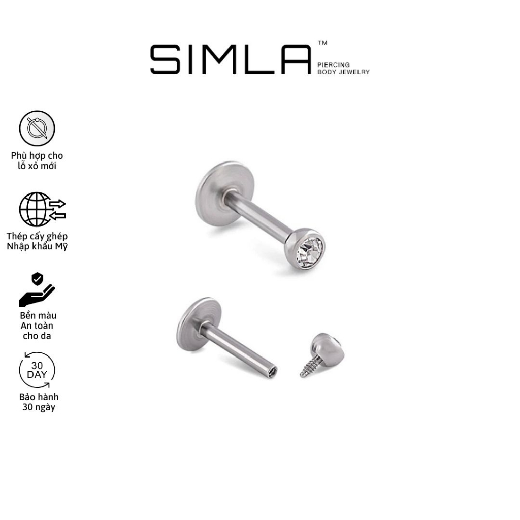 Khuyên tai/ khuyên mũi labret Thép cấp cấy ghép Simla Body Jewelry đá trắng nhập khẩu Mỹ (chiếc) - Simla Body Jewelry