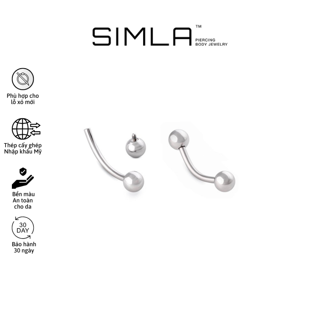 Khuyên thân cong cơ bản cho chân mày/ môi/ tai Thép cấy ghép nhập khẩu Mỹ khuyên tai (Chiếc)- Simla Body Jewelry