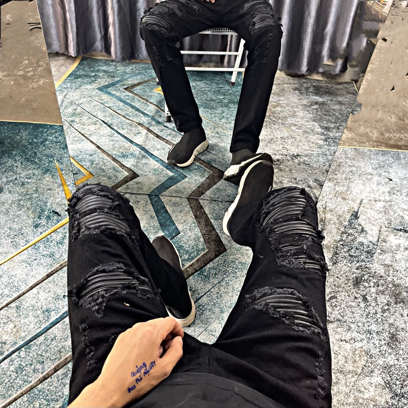 Quần Jeans Nam AMR Rách Vá Da Đen Cứng - Chất Co Giãn Mềm Mại Thời Trang Nam Cao Cấp HOT TREND