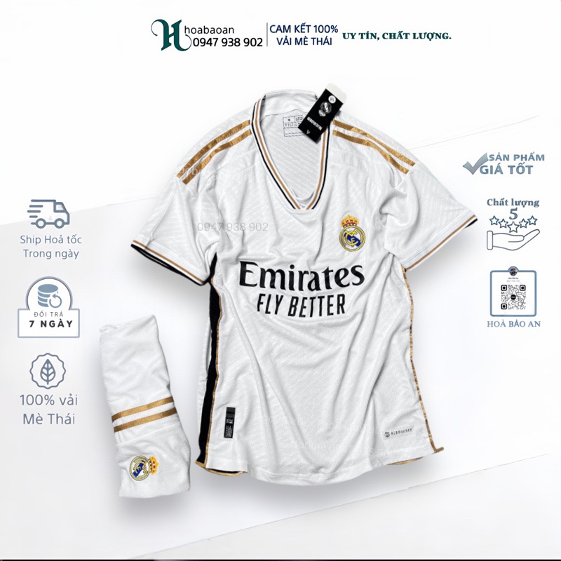Bộ quần áo đá banh CLB Realmadrid màu trắng mẫu 2023-24_ Hàng cao cấp Thailand