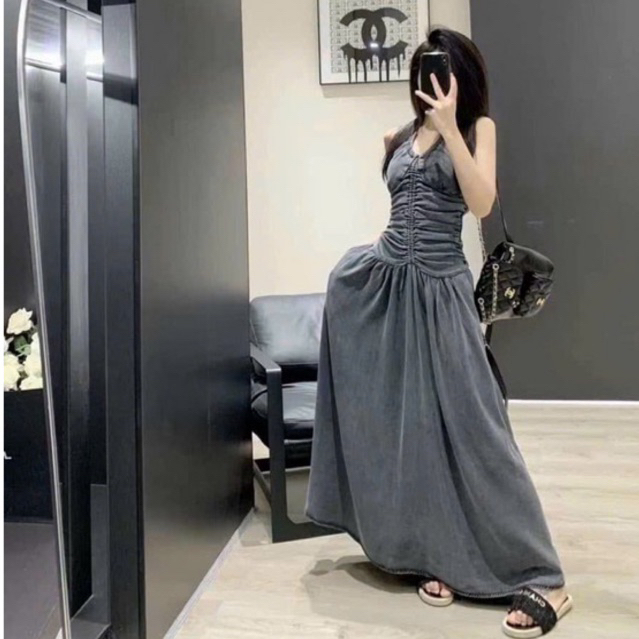 Váy yếm bò maxi nhúm eo tôn dáng (hàng sẵn)