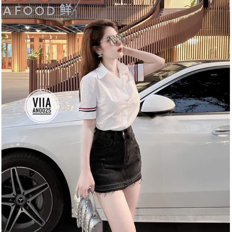 Áo Sơ Mi Thom Kẻ Xám Trắng Ngắn Tay Vải Cotton Lụa Cao Cấp | BigBuy360 - bigbuy360.vn