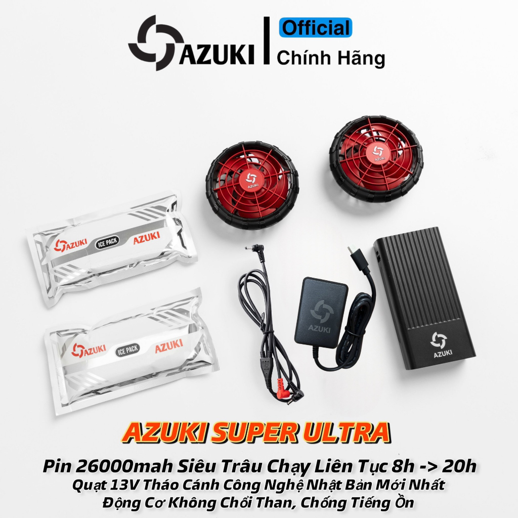 Bộ phụ kiện áo điều hòa Azuki Chính Hãng Pin trâu 26.000mah chạy 8-20 tiếng--Quạt đỏ 13V không chổi than