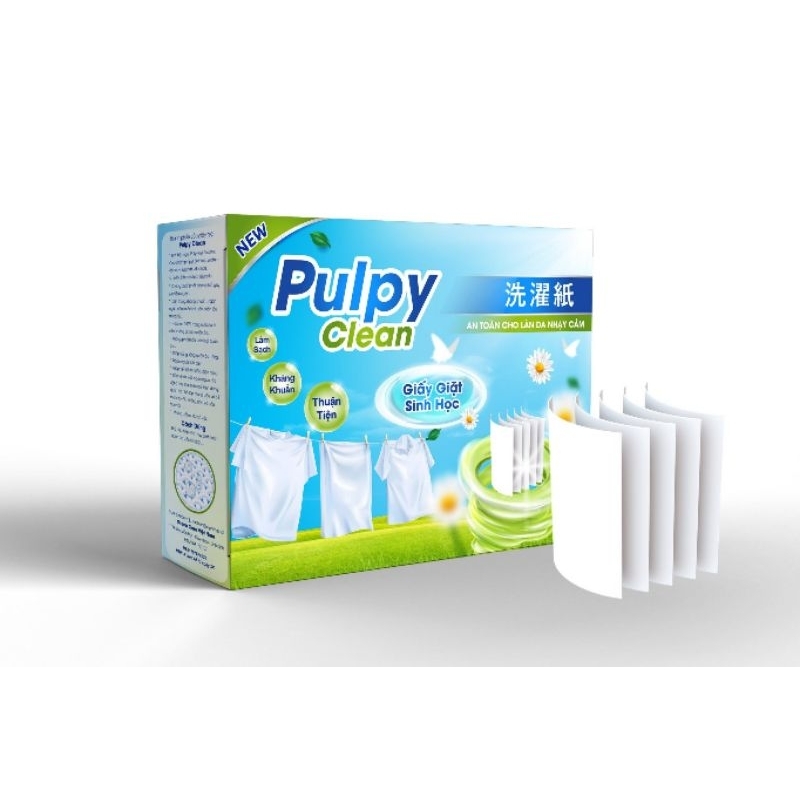 (Hộp 50 miếng) Giấy giặt sinh học Pulpy Clean, thay thế Bột giặt hoá học, An toàn cho da, tốt cho sức khoẻ.